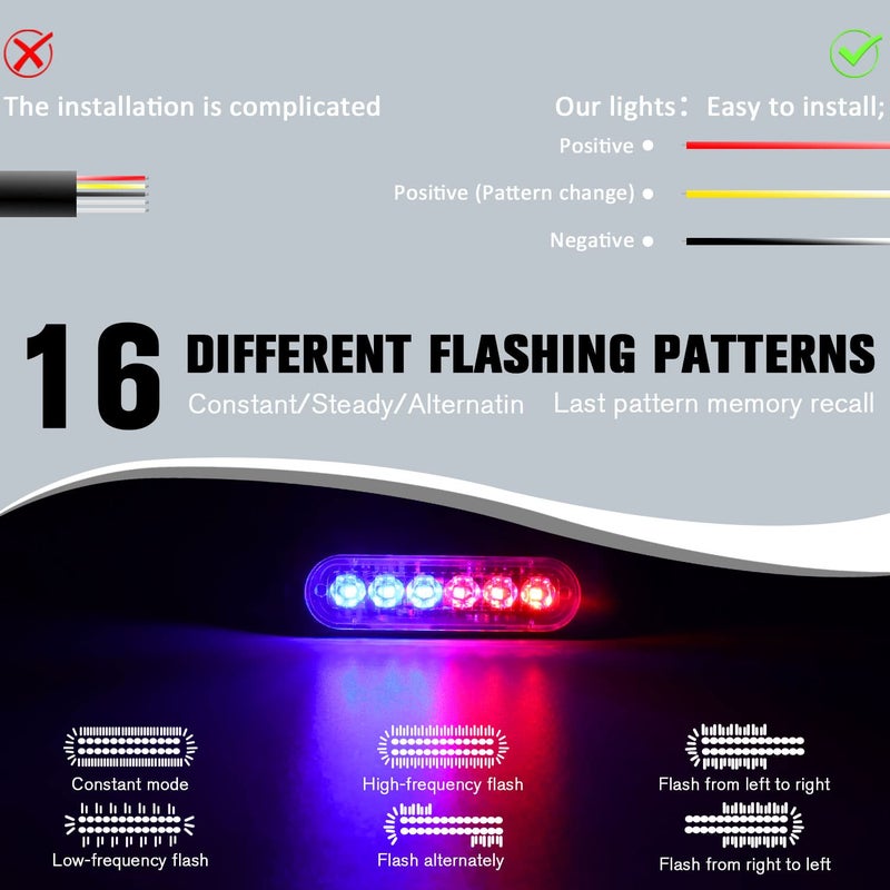 DIBMS LED Emergency Strobe Lights, 8X Red Blue 6 LED Strobe Warning Emergency Flashing Light Caution Construction Hazard Light Bar for Car Truck Van Off Road Vehicle ATV SUV Surface Mount - Image 5